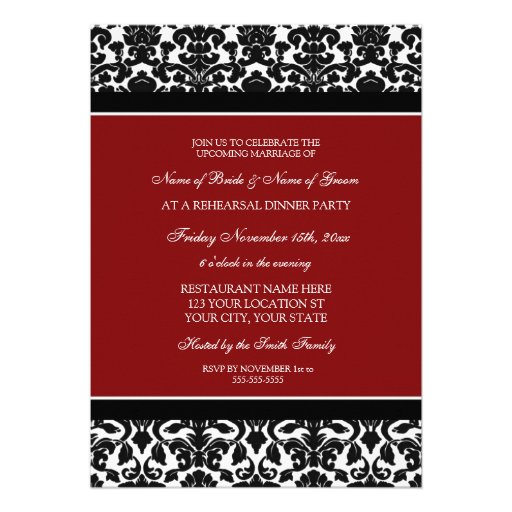 Red Black Damask Rehearsal Dinner Party Personalized Invite