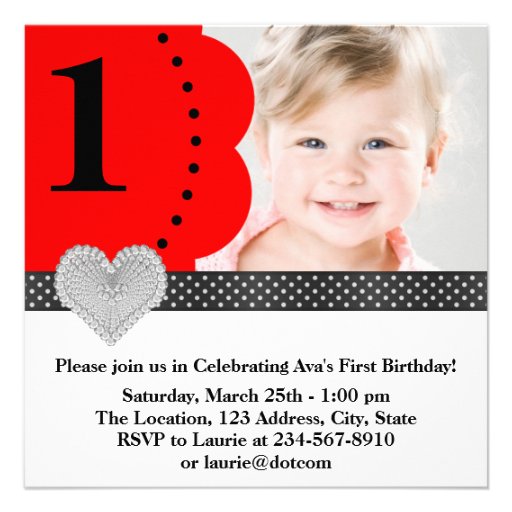 Red Black Girls Photo 1st Birthday Party Invitations (front side)