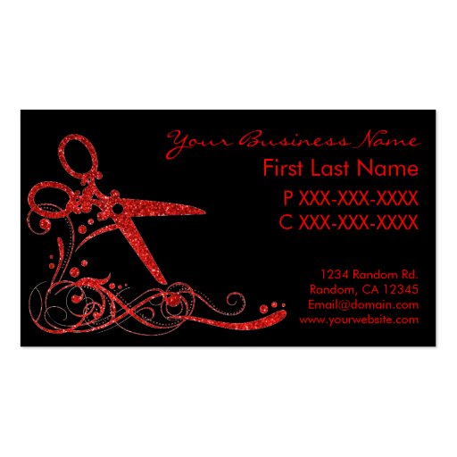 Red black glitter swirl hair cut business cards (front side)