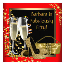 Red Black Gold Champagne 50th Birthday Party Personalized Invitation