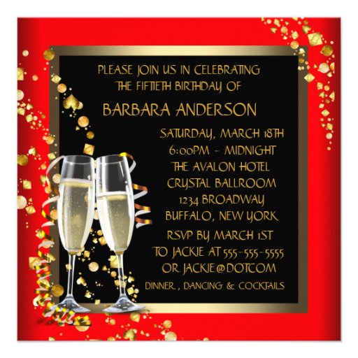 Red Black Gold Champagne 50th Birthday Party Personalized Invitation