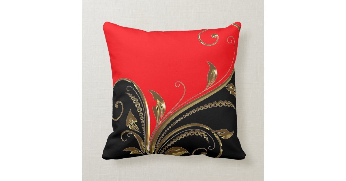 Red Black Gold Flourish Throw Pillow Zazzle