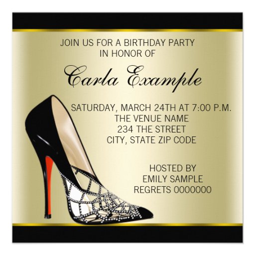 Red Black Gold High Heels Birthday Party Personalized Invitation