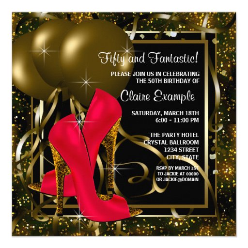 Red Black Gold High Heels Womans Birthday Party Invitation (front side)