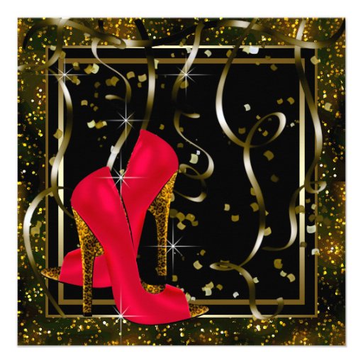 Red Black Gold High Heels Womans Birthday Party Invitation
