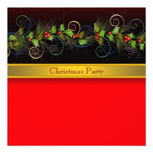 Red Black Gold Holly Christmas Party Invitations