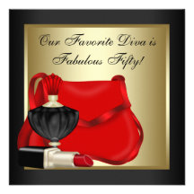 Red Black Gold Womans 50th Birthday Party Invitations