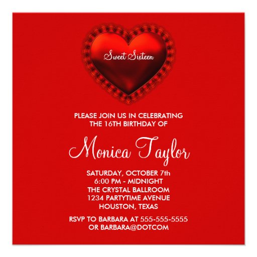 Red Black Heart Black Red Sweet 16 Birthday Party Custom Invites