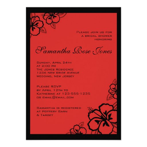 Red & Black Hibiscus Flowers Bridal Shower Personalized Invitation