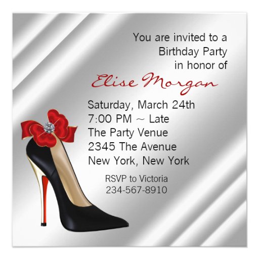 Red Black High Heel Shoe Birthday Party Personalized Invitations