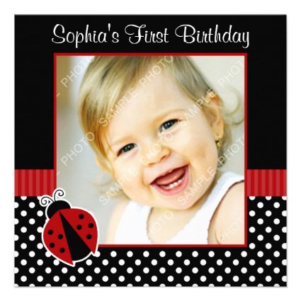 Red Black Ladybug Polka Dot 1st Birthday Photo Invitation