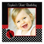 Red Black Ladybug Polka Dot 1st Birthday Photo Invitation