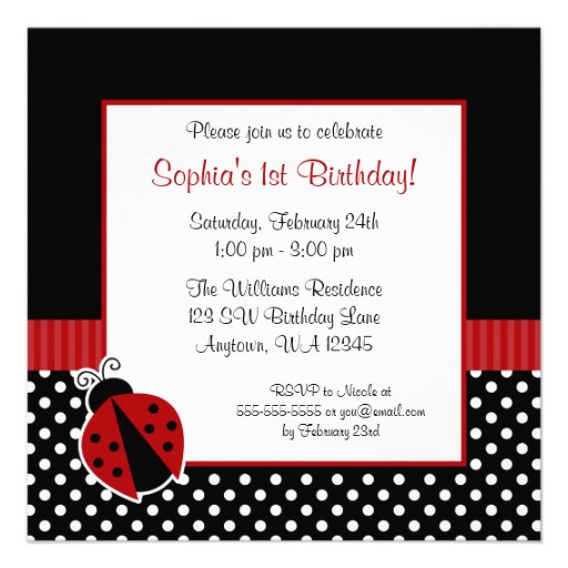 Red Black Ladybug Polka Dot 1st Birthday Photo Invitation