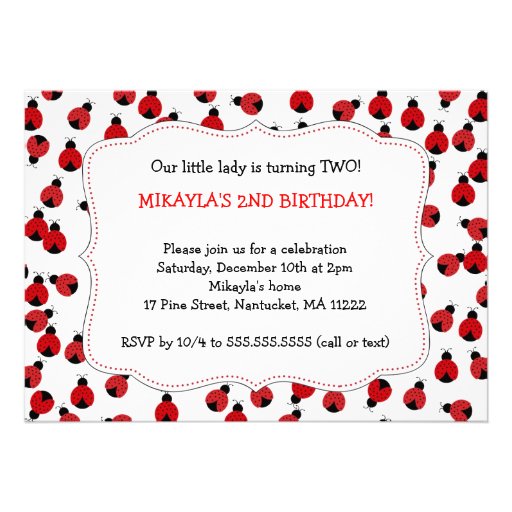 Red & Black Ladybugs Birthday Party invites (front side)