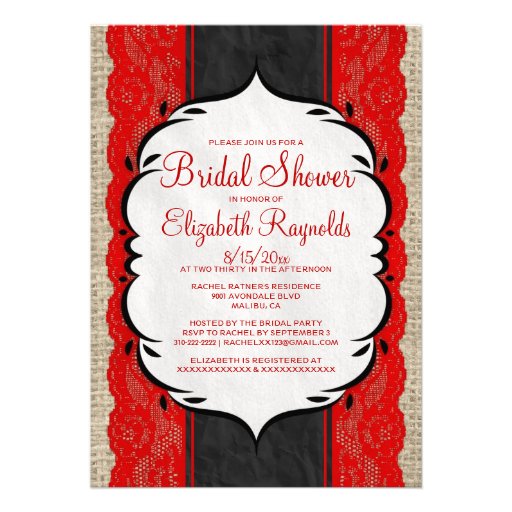Red Black Linen Burlap Lace Bridal Shower Invites