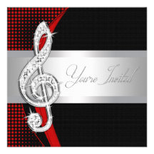Red Black Music Treble Clef Recital Invitations