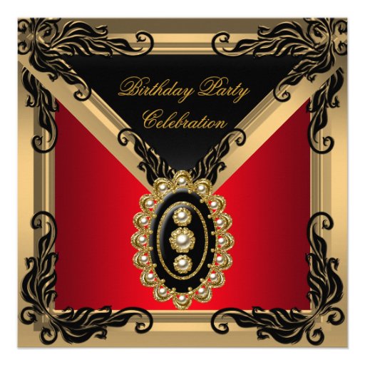 Red Black Pearl Gold Birthday Party Invitations