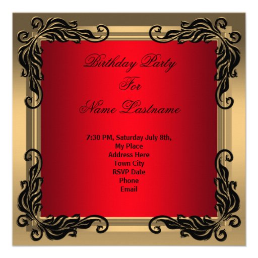 Red Black Pearl Gold Birthday Party Invitations