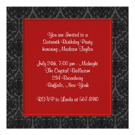 Red Black Photo Sweet Sixteen Birthday Party Announcement