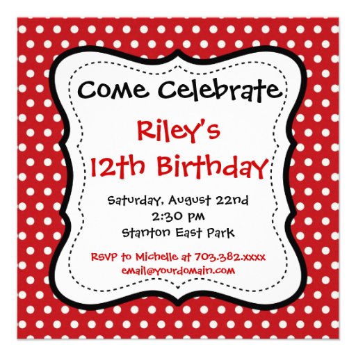 Red Black Polka Dots Birthday Party Invitations (front side)