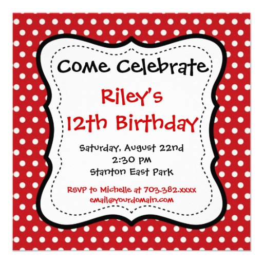 Red Black Polka Dots Birthday Party Invitations