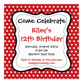 Red Black Polka Dots Birthday Party Invitations 5.25
