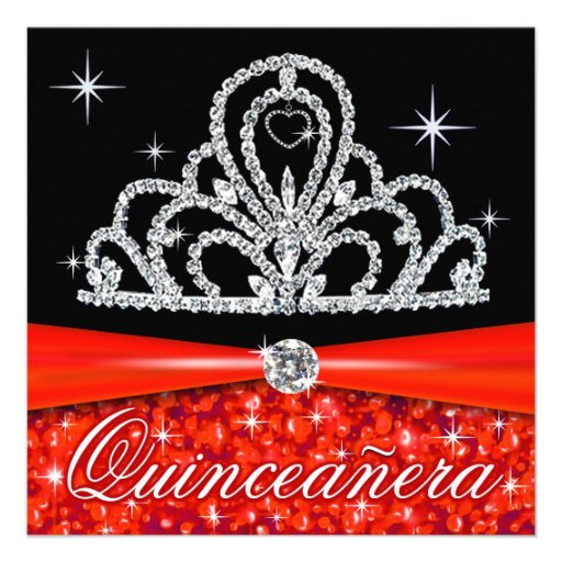 Red Black Quinceanera Princess Tiara Bling Custom Invitations
