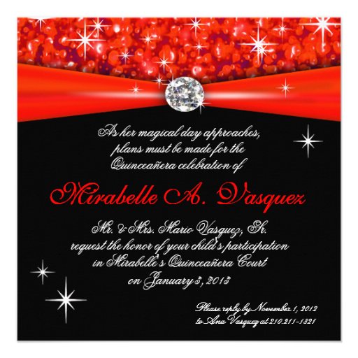 Red Black Quinceanera Princess Tiara Bling Custom Invitations