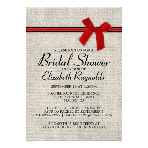 Red Black Rustic Burlap Bridal Shower Invitations