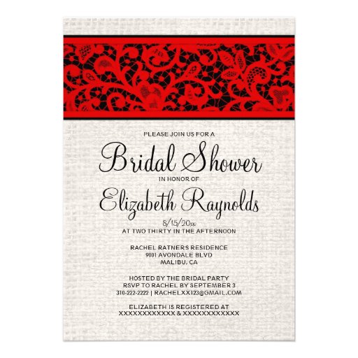 Red Black Rustic Burlap Linen Bridal Shower Invite