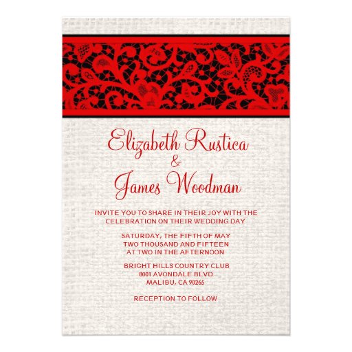 Red Black Rustic Country Burlap Wedding Invitation