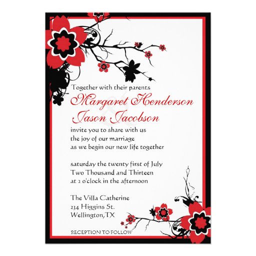 Red & Black Sakura Cherry Blossoms Wedding Invite