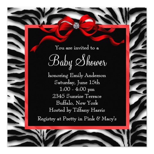 Red Black Shoes Red Zebra Baby Girl Shower Personalized Invites