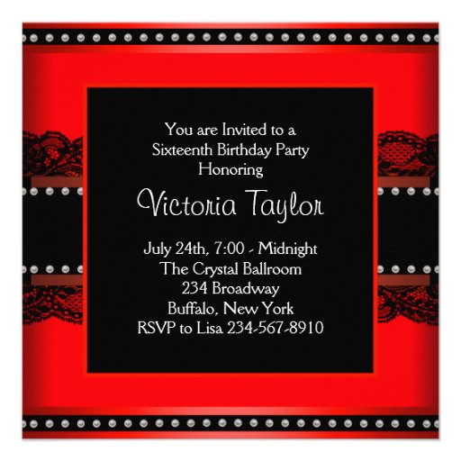 Red Black Sweet 16 Birthday Party Invitations