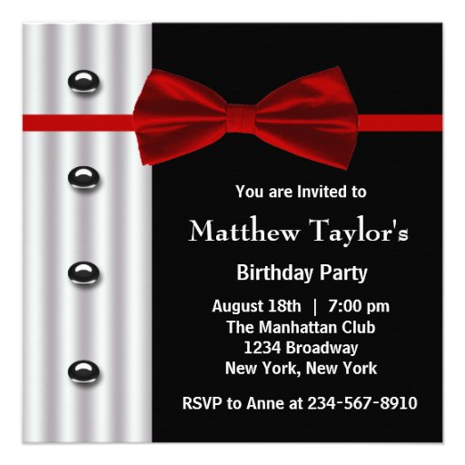 Red Black Tuxedo Bow Tie Mens Birthday Party Invit Personalized Invitation