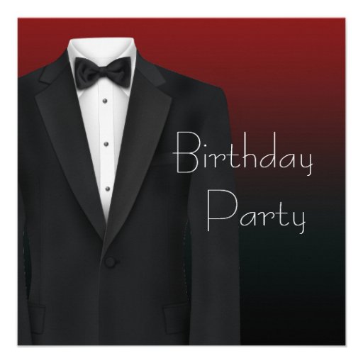 Red Black Tuxedo Mans Birthday Party Invitations
