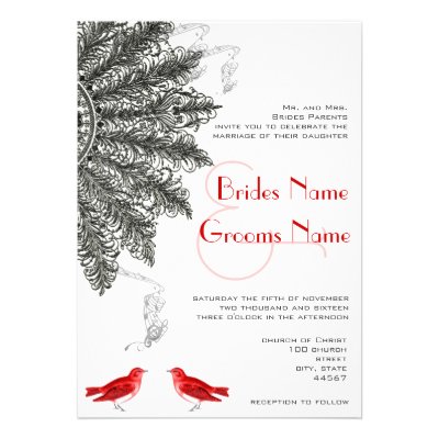Red & Black Vintage Birds Fan Wedding Invitations