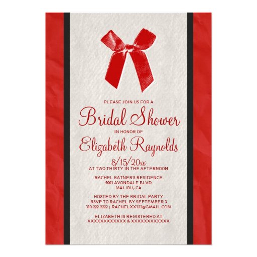 Red Black Vintage Bow Linen Bridal Shower Invites