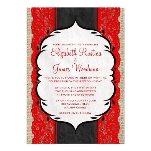 Red & Black Vintage Linen Lace Wedding Invitations