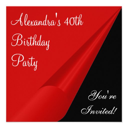 Red Black & White 40th Birthday Party Invitation