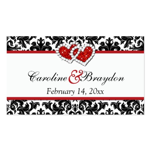 Red Black White Damask Joined Hearts Favor Tag Business Card Template (front side)