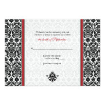 Red, Black, White Damask Wedding Reply Card Invite