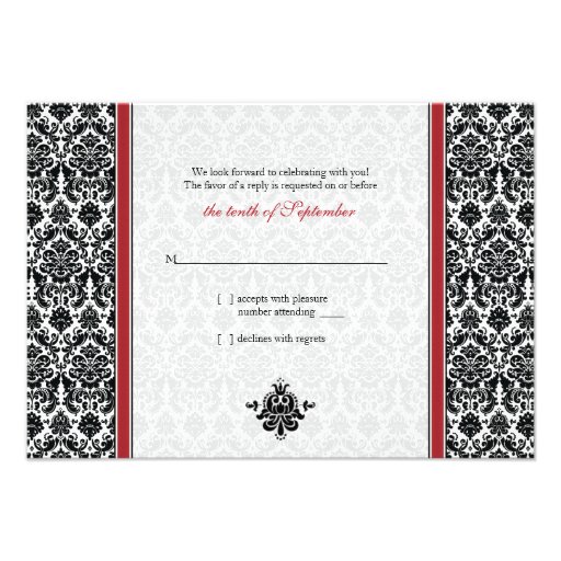 Red, Black, White Damask Wedding Reply Card Invite