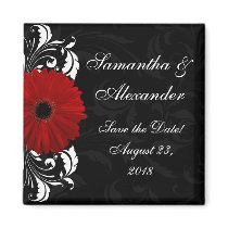 Red+Black+White Gerbera Daisy Save the Date /Favor Fridge Magnet