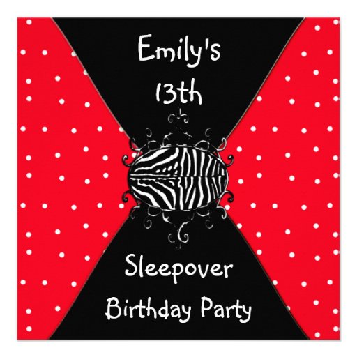 Red Black White Spots 13th Birthday Sleepover Invites (front side)