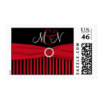 Red, Black, White Striped Monogram Wedding Postage