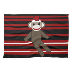 Red Black White Striped Sock Monkey Girl Sitting Towel
