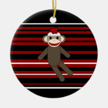 Red Black White Striped Sock Monkey Girl Sitting Christmas Ornament