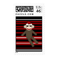 Red Black White Striped Sock Monkey Girl Sitting Postage