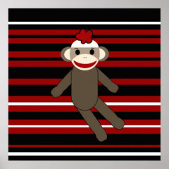 Red Black White Striped Sock Monkey Girl Sitting Poster